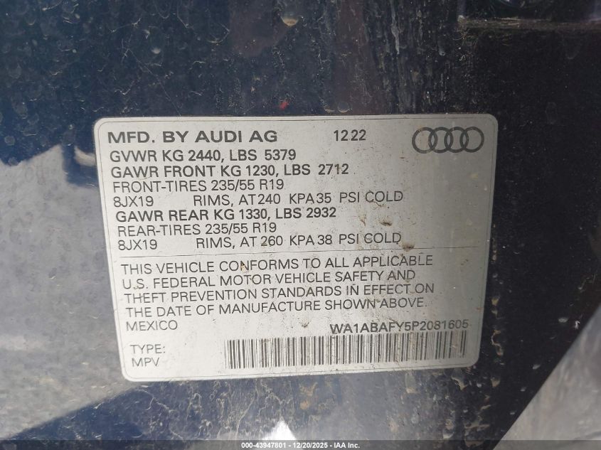 2023 Audi Q5 Premium 40 Tfsi Quattro S Tronic VIN: WA1ABAFY5P2081605 Lot: 43947801