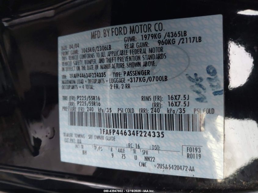 2004 Ford Mustang VIN: 1FAFP44634F224335 Lot: 43947802
