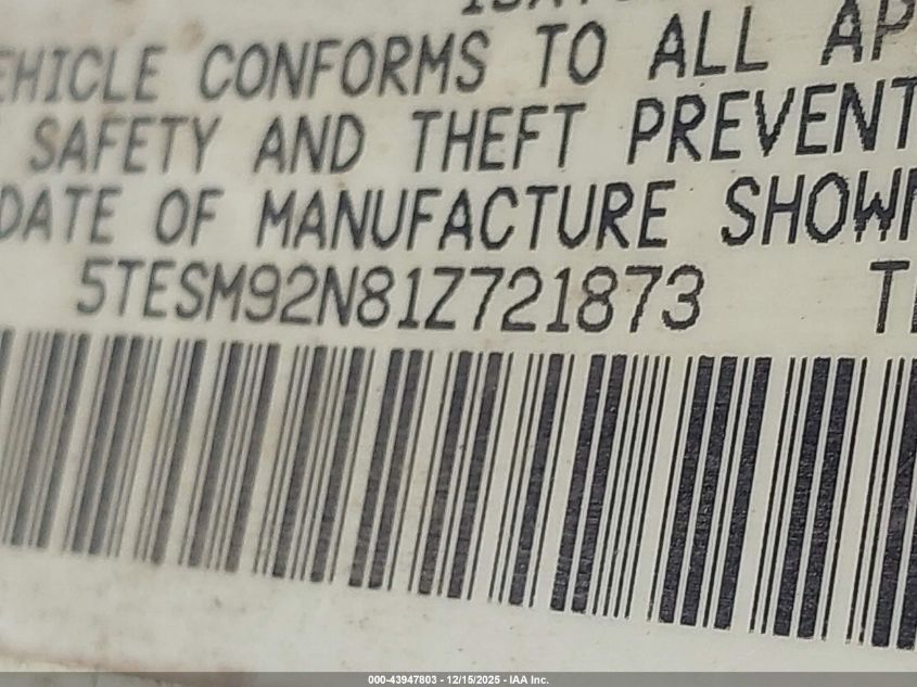 2001 Toyota Tacoma Prerunner VIN: 5TESM92N81Z721873 Lot: 43947803
