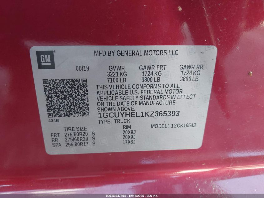 2019 Chevrolet Silverado 1500 High Country VIN: 1GCUYHEL1KZ365393 Lot: 43947804