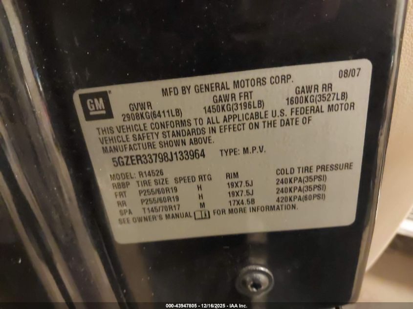 2008 Saturn Outlook Xr VIN: 5GZER33798J133964 Lot: 43947805