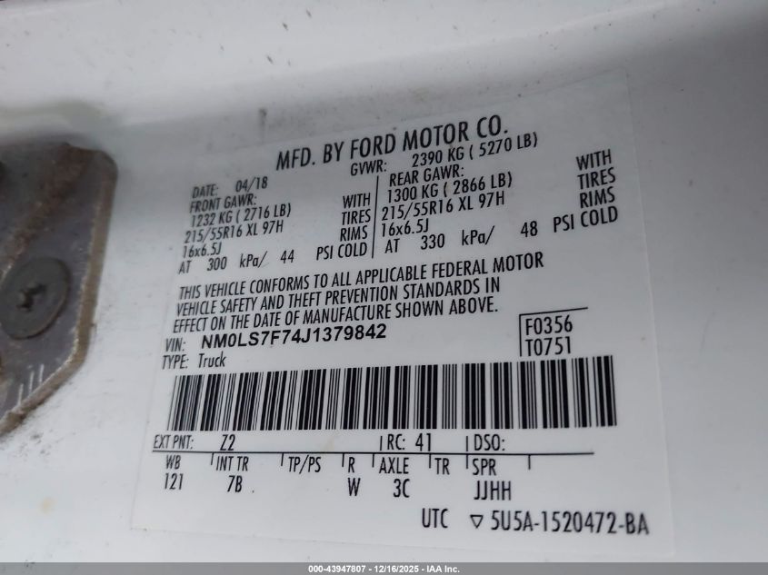 2018 Ford Transit Connect Xlt VIN: NM0LS7F74J1379842 Lot: 43947807