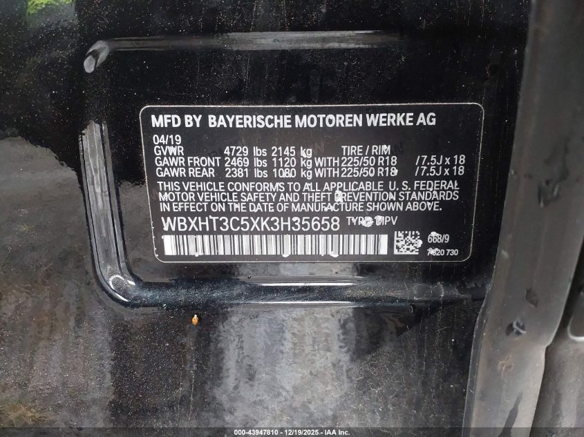 2019 BMW X1 xDrive28I VIN: WBXHT3C5XK3H35658 Lot: 43947810