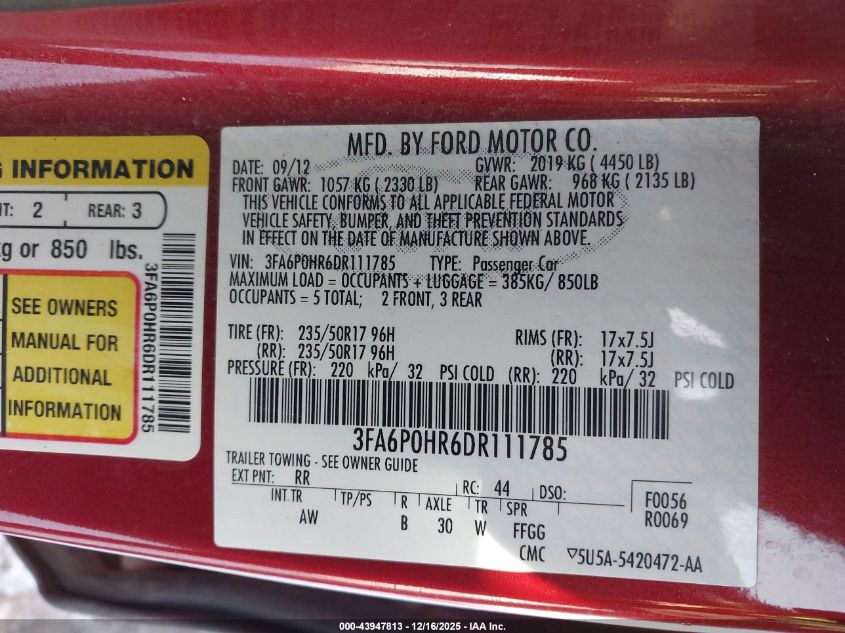 2013 Ford Fusion Se VIN: 3FA6P0HR6DR111785 Lot: 43947813