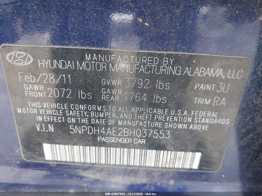 2011 Hyundai Elantra Limited VIN: 5NPDH4AE2BH037553 Lot: 43947820