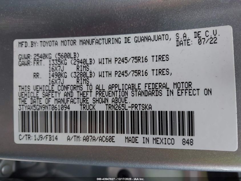 2022 Toyota Tacoma Sr VIN: 3TYAX5GN9NT061094 Lot: 43947827