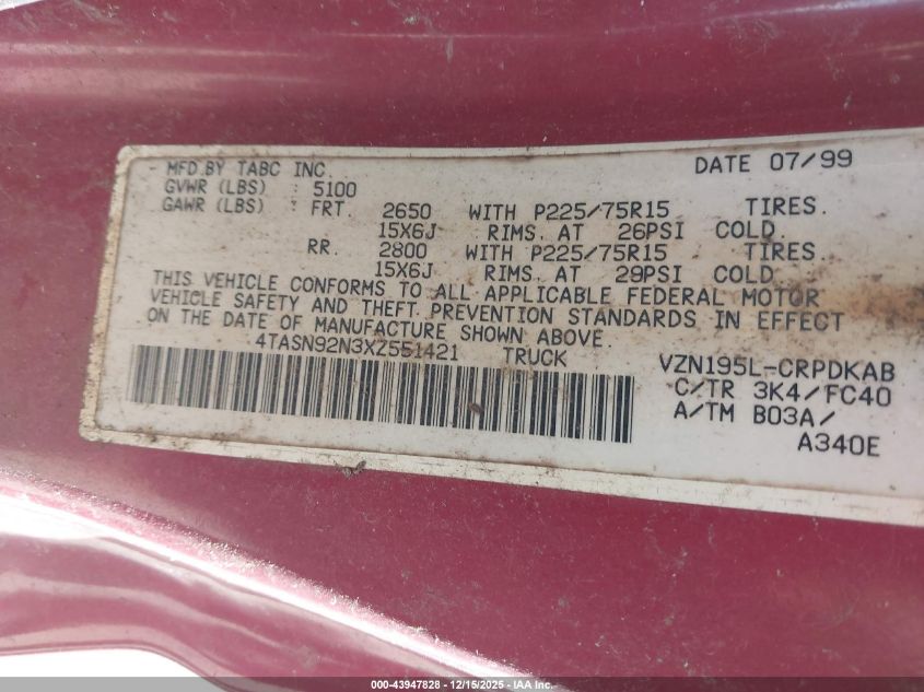 1999 Toyota Tacoma Prerunner V6 VIN: 4TASN92N3XZ551421 Lot: 43947828