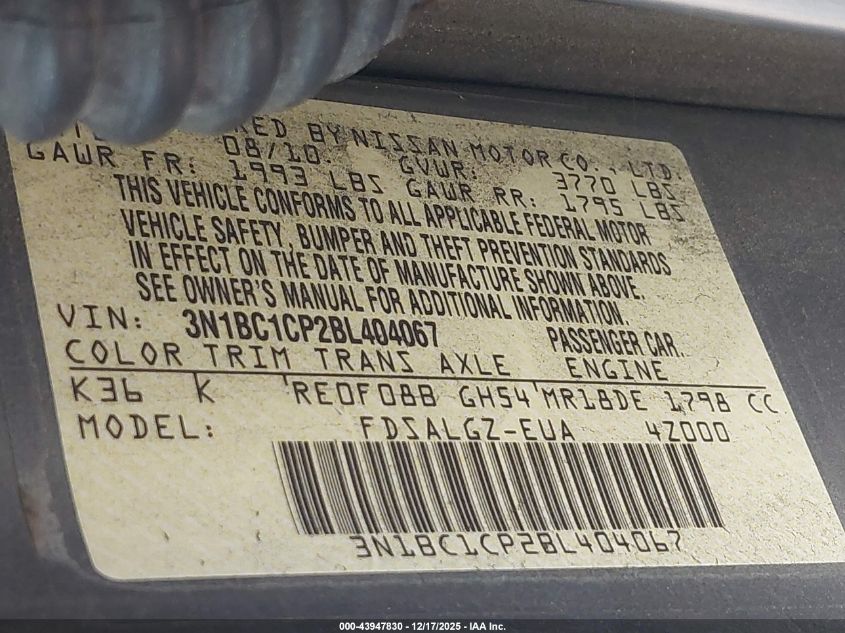 2011 Nissan Versa 1.8Sl VIN: 3N1BC1CP2BL404067 Lot: 43947830