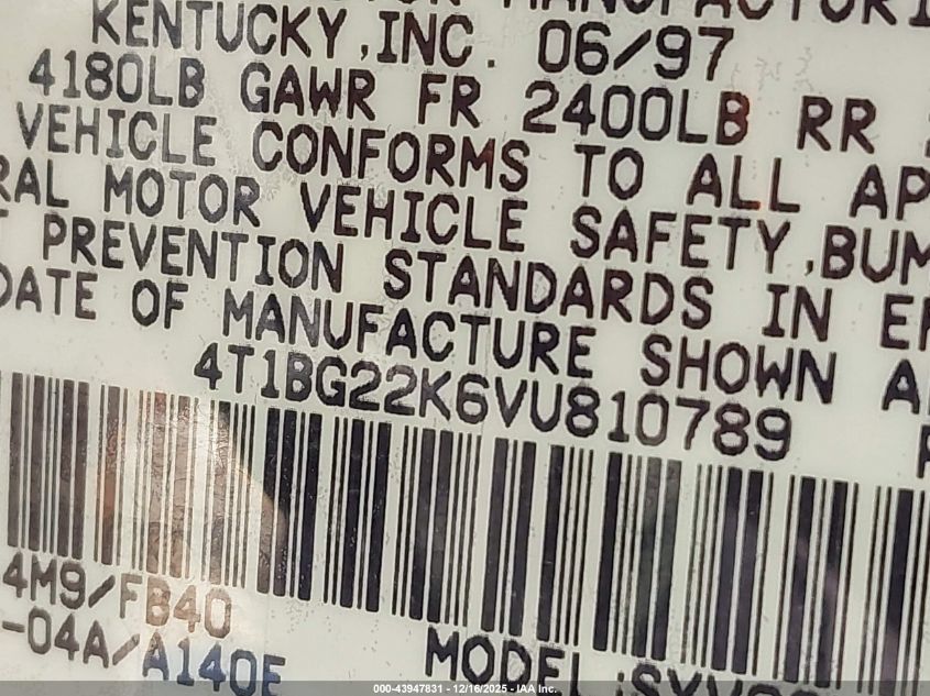 1997 Toyota Camry Le VIN: 4T1BG22K6VU810789 Lot: 43947831