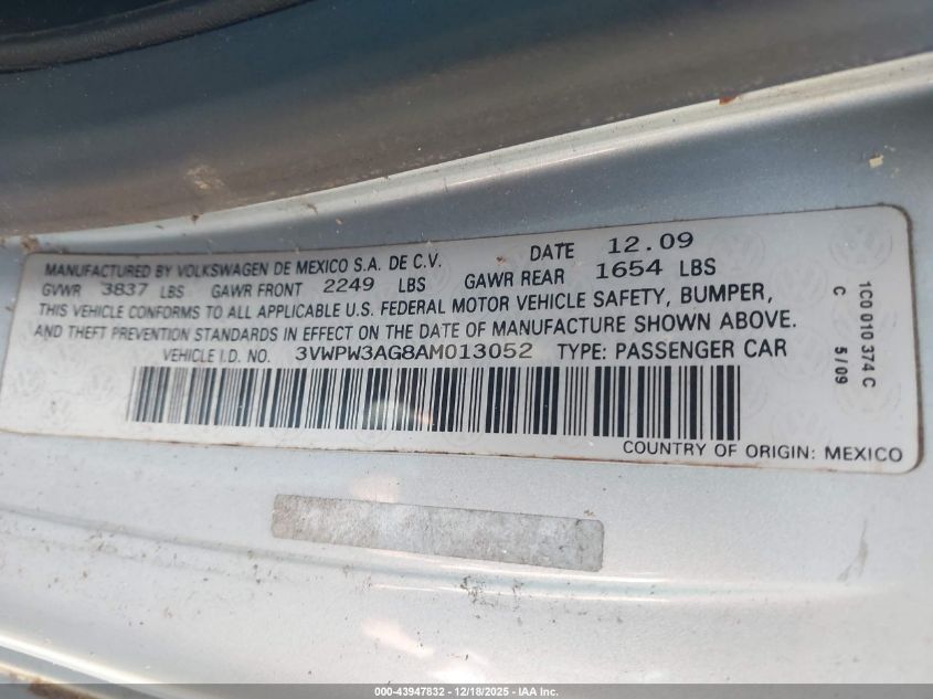 2010 Volkswagen New Beetle 2.5L Final Edition VIN: 3VWPW3AG8AM013052 Lot: 43947832