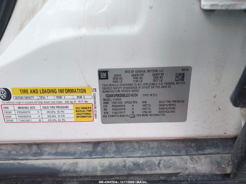 2014 GMC Acadia Slt-1 VIN: 1GKKVRKD8EJ374604 Lot: 43947834