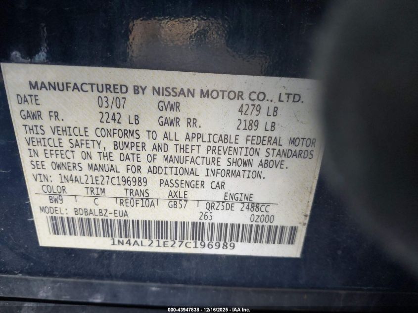2007 Nissan Altima 2.5 S VIN: 1N4AL21E27C196989 Lot: 43947838