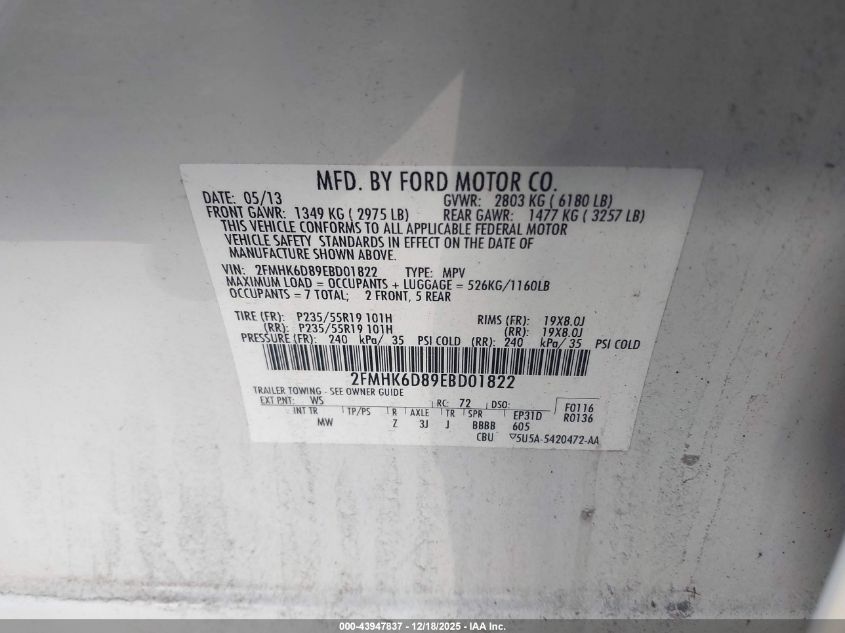 2014 Ford Flex Limited VIN: 2FMHK6D89EBD01822 Lot: 43947837