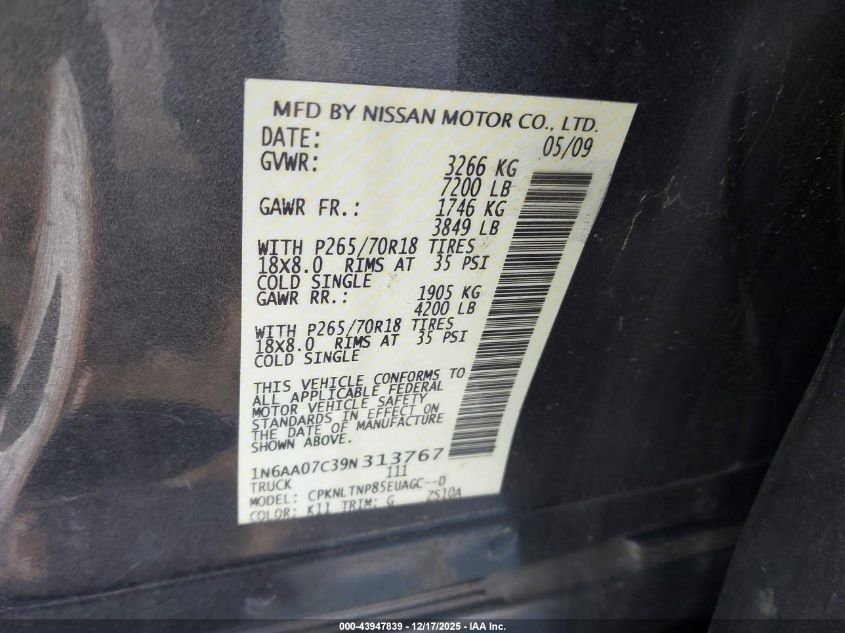 2009 Nissan Titan Se VIN: 1N6AA07C39N313767 Lot: 43947839