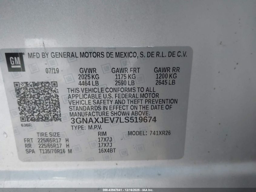 2020 Chevrolet Equinox Fwd 2Fl VIN: 3GNAXJEV7LS519674 Lot: 43947841