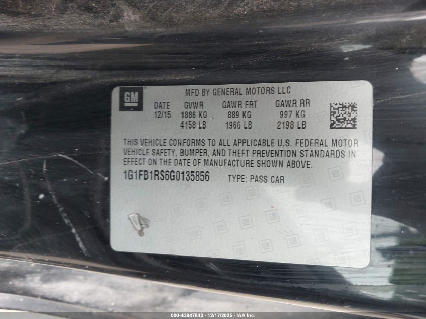 2016 Chevrolet Camaro 1Lt VIN: 1G1FB1RS6G0135856 Lot: 43947843