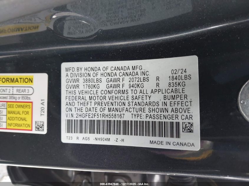 2024 Honda Civic Sport VIN: 2HGFE2F51RH558167 Lot: 43947846