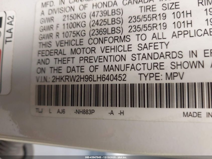 2020 Honda Cr-V Awd Touring VIN: 2HKRW2H96LH640452 Lot: 43947849