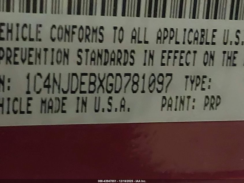 2016 Jeep Compass Latitude VIN: 1C4NJDEBXGD781097 Lot: 43947851