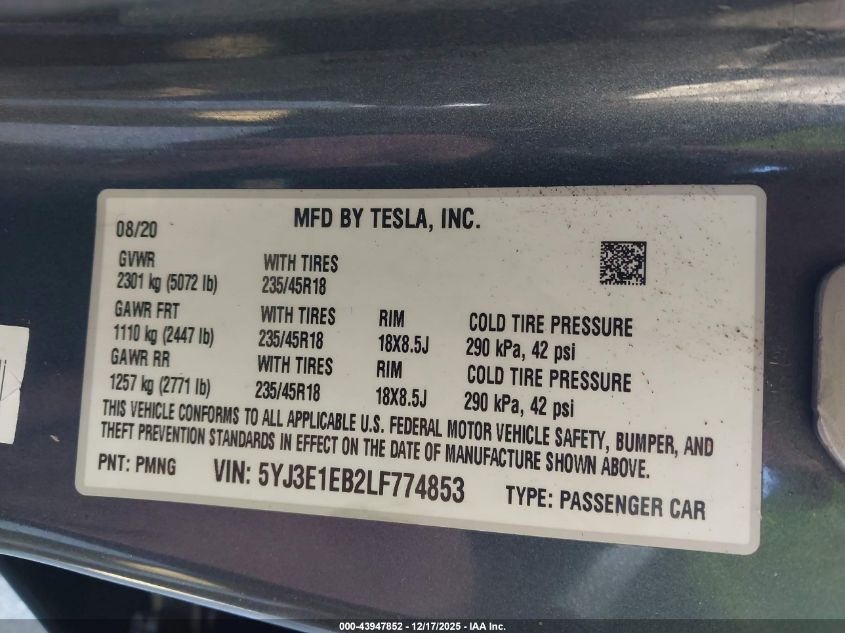 2020 Tesla Model 3 Long Range Dual Motor All-Wheel Drive VIN: 5YJ3E1EB2LF774853 Lot: 43947852