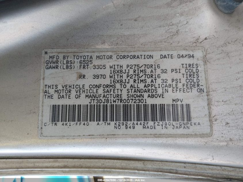 1993 Toyota Land Cruiser Dj81 VIN: JT3DJ81W7R0072301 Lot: 43947856