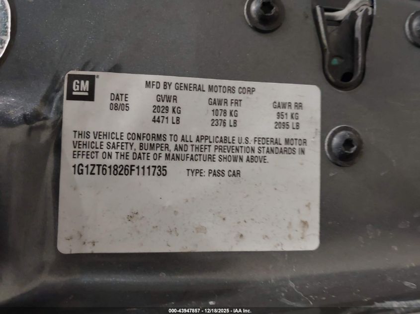 2006 Chevrolet Malibu Maxx Lt VIN: 1G1ZT61826F111735 Lot: 43947857