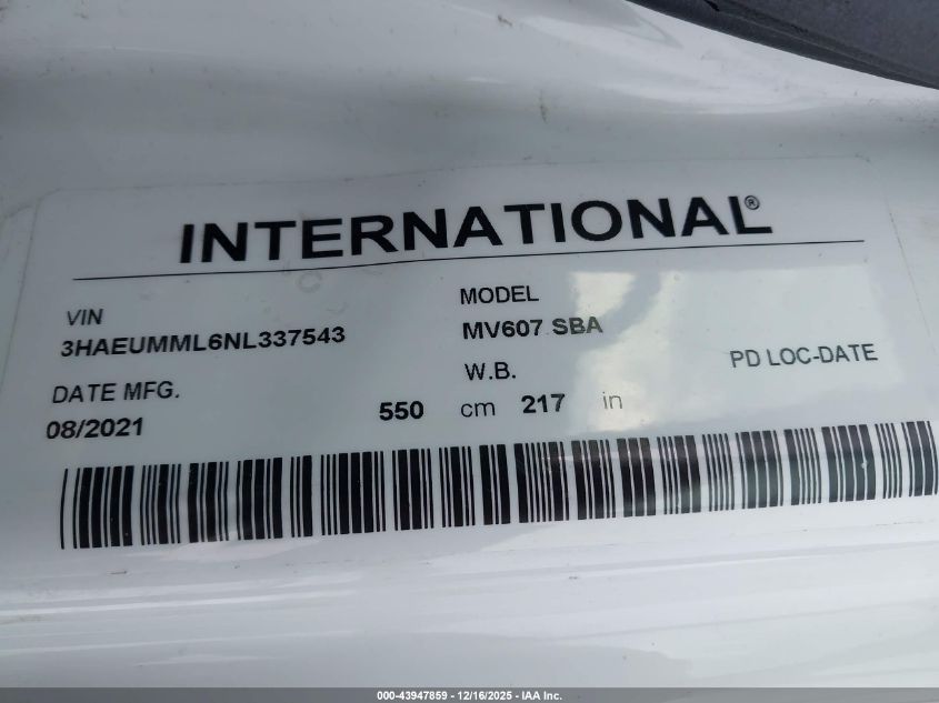 2022 International Mv VIN: 3HAEUMML6NL337543 Lot: 43947859