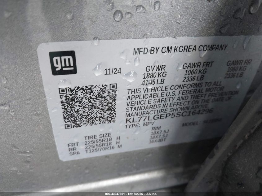 2025 Chevrolet Trax Fwd 1Rs VIN: KL77LGEP5SC164296 Lot: 43947861