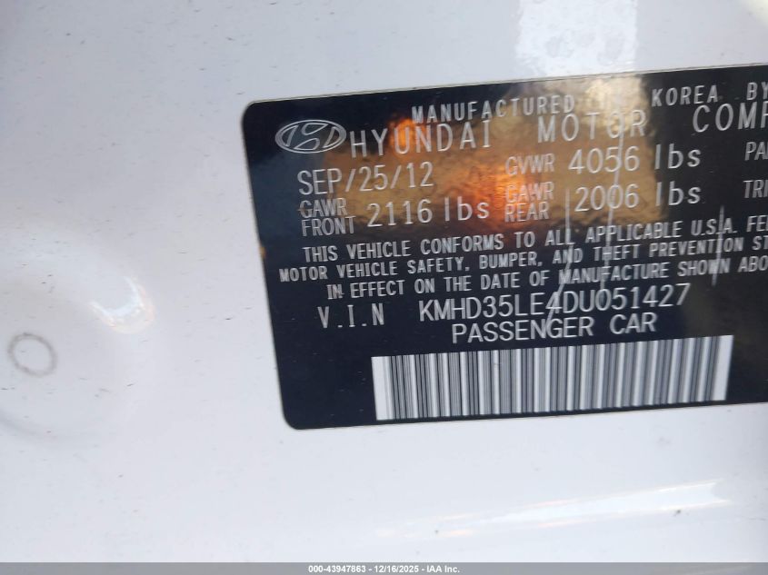 2013 Hyundai Elantra Gt VIN: KMHD35LE4DU051427 Lot: 43947863