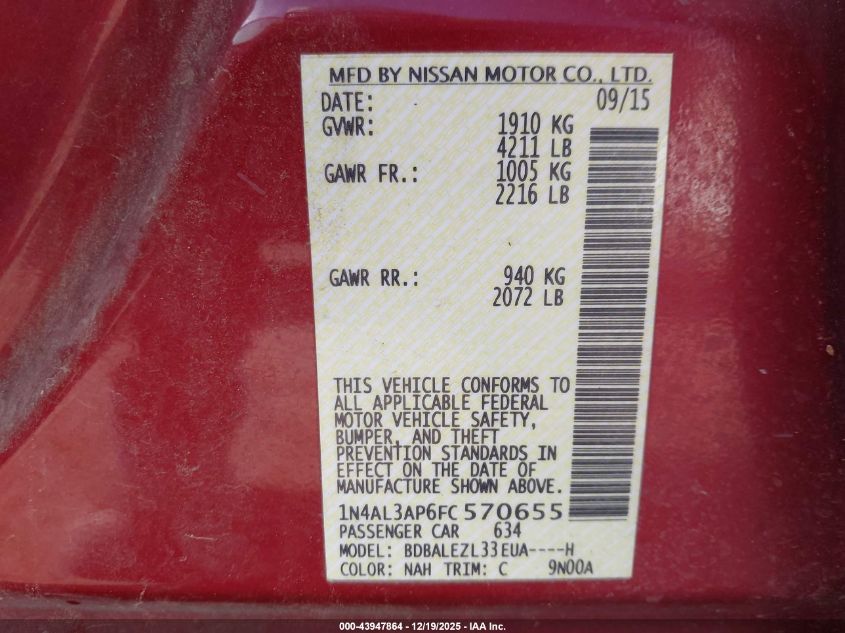 2015 Nissan Altima 2.5 S VIN: 1N4AL3AP6FC570655 Lot: 43947864