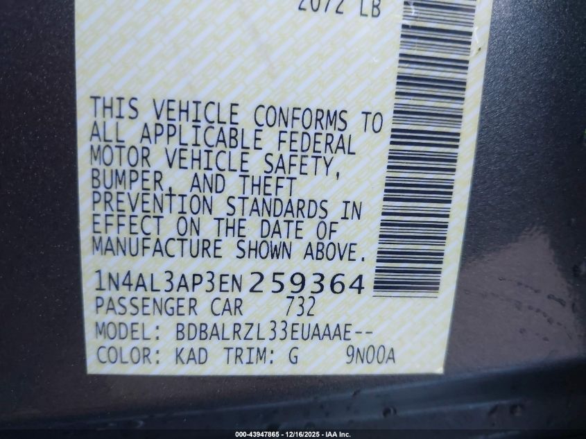 2014 Nissan Altima 2.5 S VIN: 1N4AL3AP3EN259364 Lot: 43947865