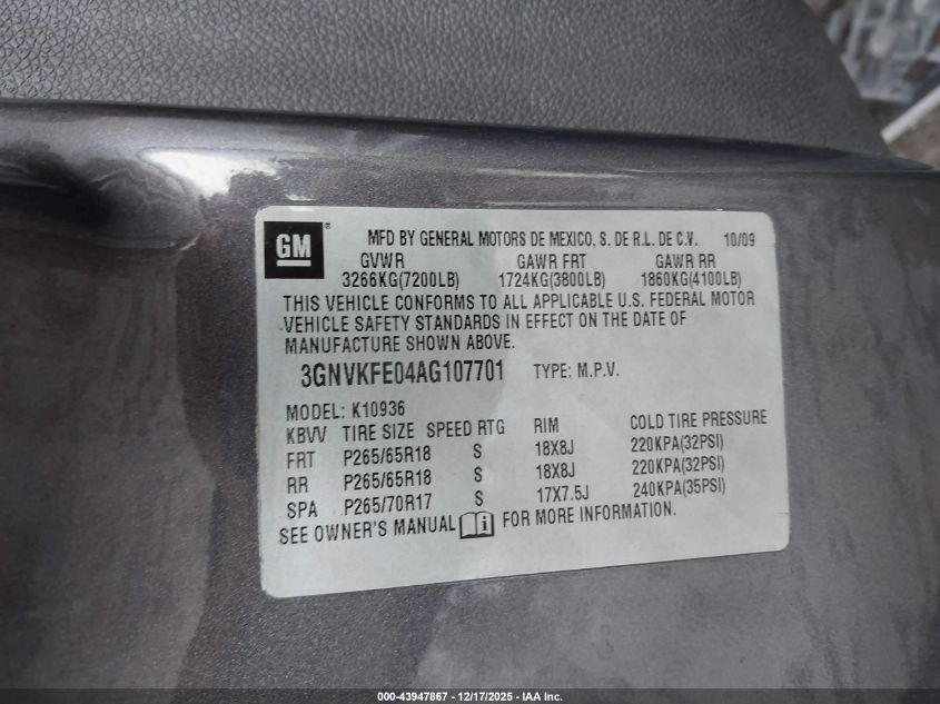 2010 Chevrolet Avalanche 1500 Lt1 VIN: 3GNVKFE04AG107701 Lot: 43947867