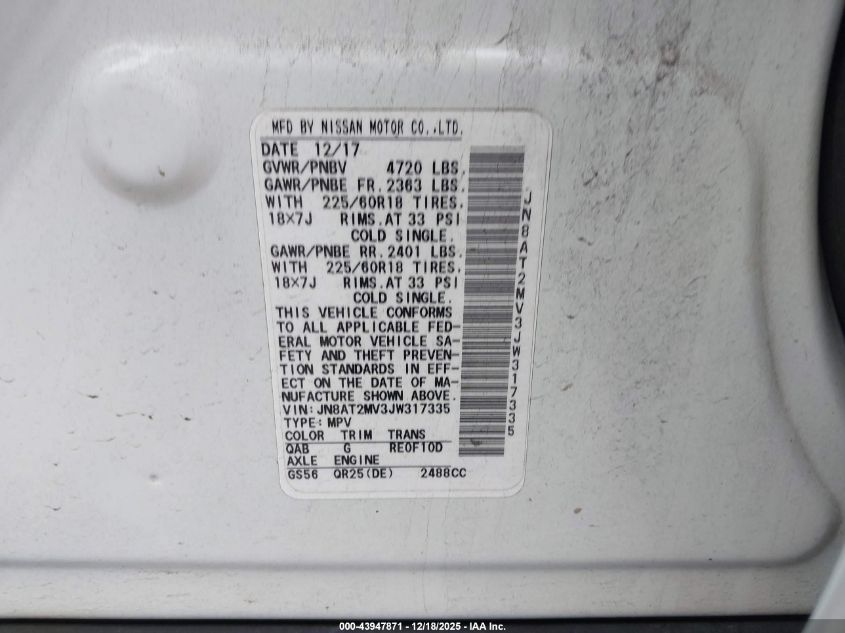 2018 Nissan Rogue Sl VIN: JN8AT2MV3JW317335 Lot: 43947871