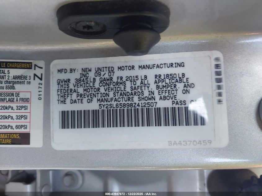 2008 Pontiac Vibe VIN: 5Y2SL65898Z412507 Lot: 43947872