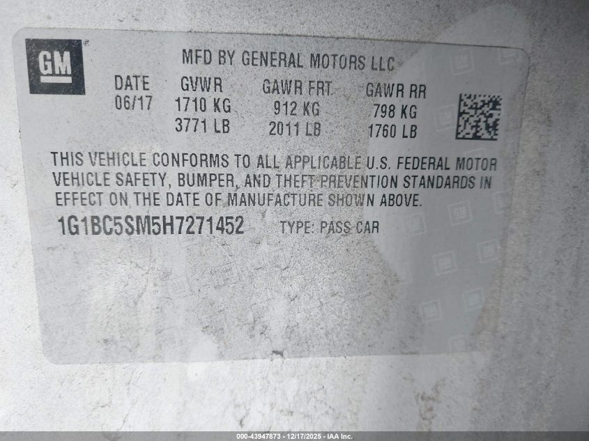 2017 Chevrolet Cruze Ls Auto VIN: 1G1BC5SM5H7271452 Lot: 43947873