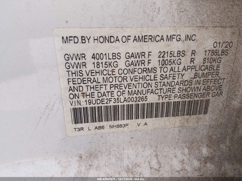 2020 Acura Ilx Standard VIN: 19UDE2F35LA003265 Lot: 43947875