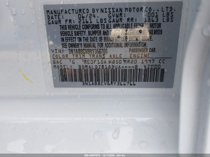 2024 Nissan Sentra Sv Xtronic Cvt VIN: 3N1AB8CV8RY366766 Lot: 43947878
