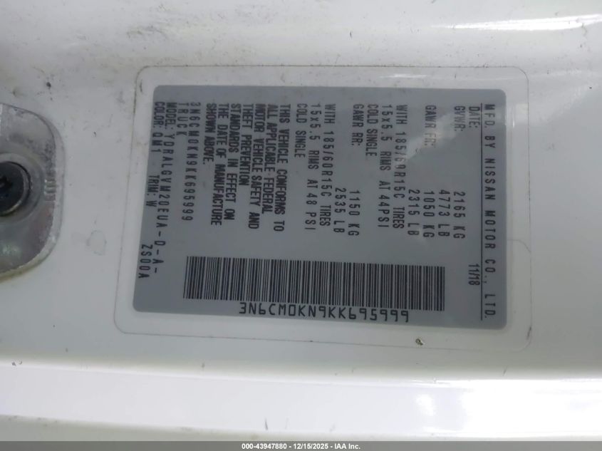 2019 Nissan Nv200 Sv VIN: 3N6CM0KN9KK695999 Lot: 43947880