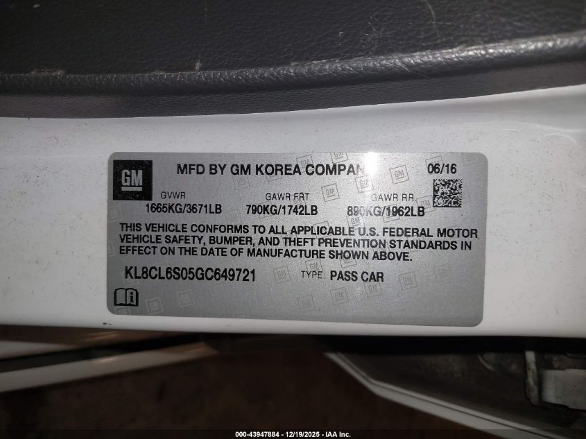2016 Chevrolet Spark Ev 2Lt VIN: KL8CL6S05GC649721 Lot: 43947884