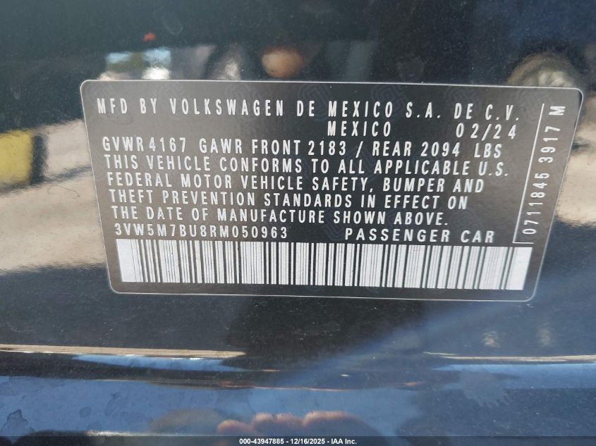 2024 Volkswagen Jetta 1.5T S VIN: 3VW5M7BU8RM050963 Lot: 43947885