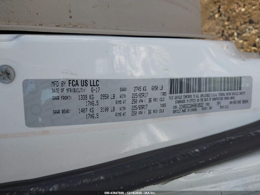 2017 Dodge Grand Caravan Sxt VIN: 2C4RDGCG0HR818522 Lot: 43947886