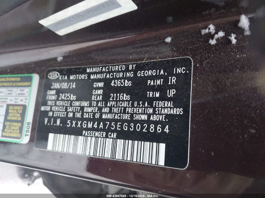 2014 Kia Optima Lx VIN: 5XXGM4A75EG302864 Lot: 43947888