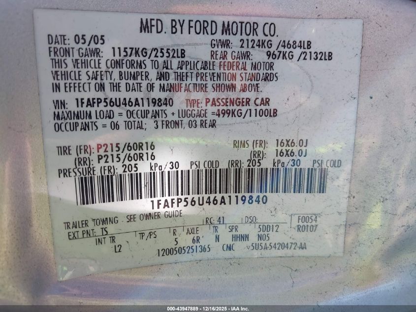2006 Ford Taurus Sel VIN: 1FAFP56U46A119840 Lot: 43947889