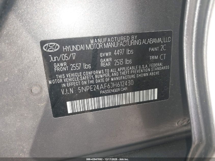 2018 Hyundai Sonata Se VIN: 5NPE24AF6JH612430 Lot: 43947892