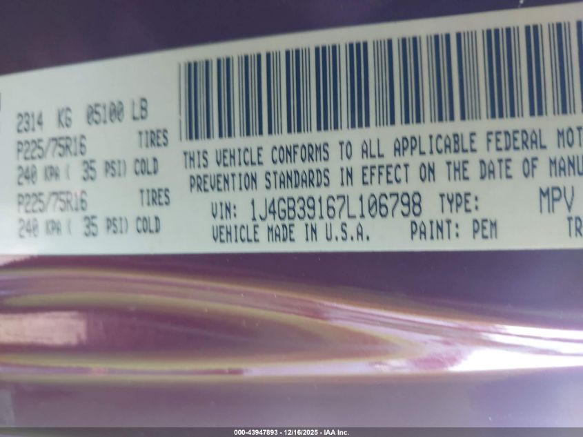 2007 Jeep Wrangler Unlimited X VIN: 1J4GB39167L106798 Lot: 43947893