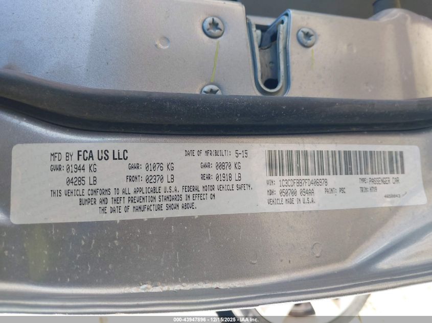 2015 Dodge Dart Sxt VIN: 1C3CDFBB7FD406978 Lot: 43947896