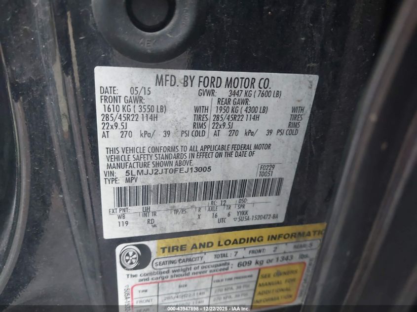 2015 Lincoln Navigator VIN: 5LMJJ2JT0FEJ13005 Lot: 43947898