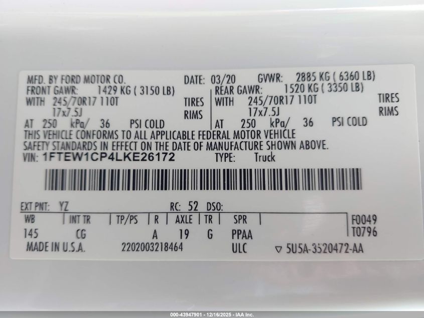 2020 Ford F-150 Xl VIN: 1FTEW1CP4LKE26172 Lot: 43947901