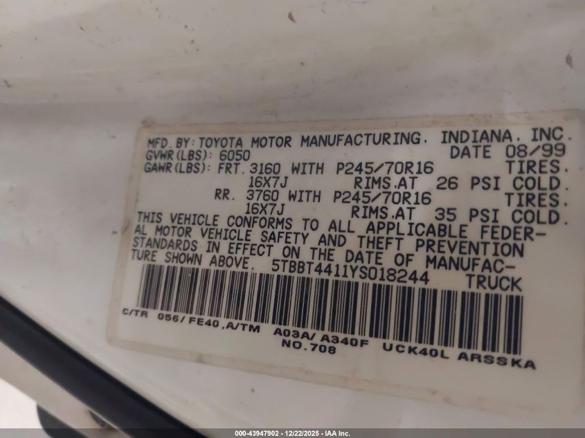 2000 Toyota Tundra Sr5 V8 VIN: 5TBBT4411YS018244 Lot: 43947902