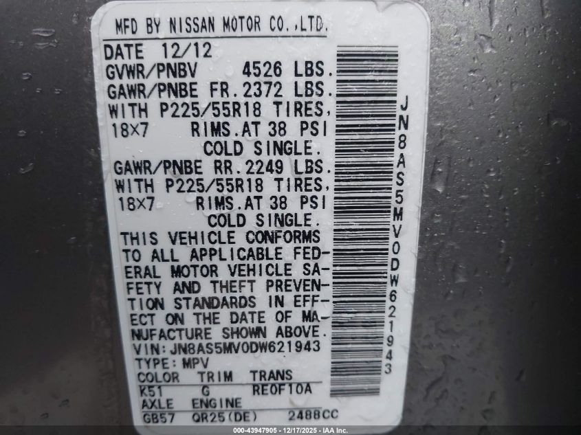 2013 Nissan Rogue Sv W/Sl Pkg VIN: JN8AS5MV0DW621943 Lot: 43947905